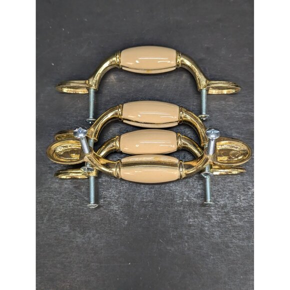 Cabinet or Drawer Pulls Cream Color Ceramic and Gold 3 Inch Center Lot of 4 - Picture 5 of 6